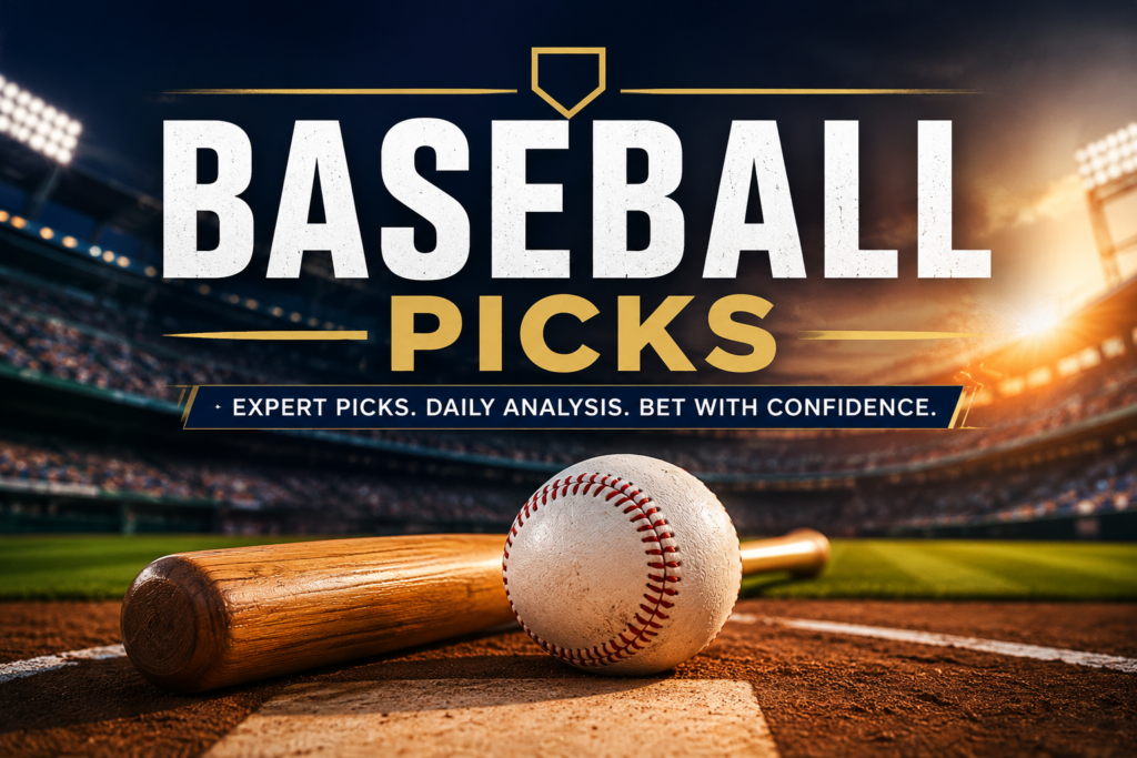 Baseball Picks homepage card featuring a baseball, bat, and stadium for MLB, KBO, and NPB betting picks.