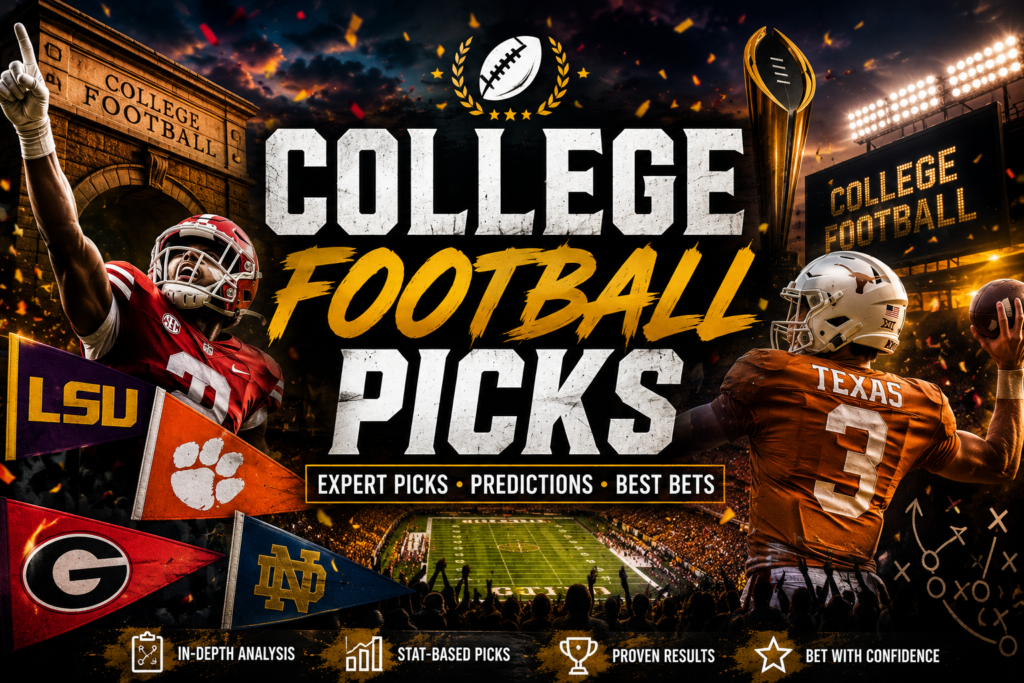 College Football Picks homepage card featuring a stadium, football helmet, cheering fans, and game day atmosphere representing expert college football betting picks.