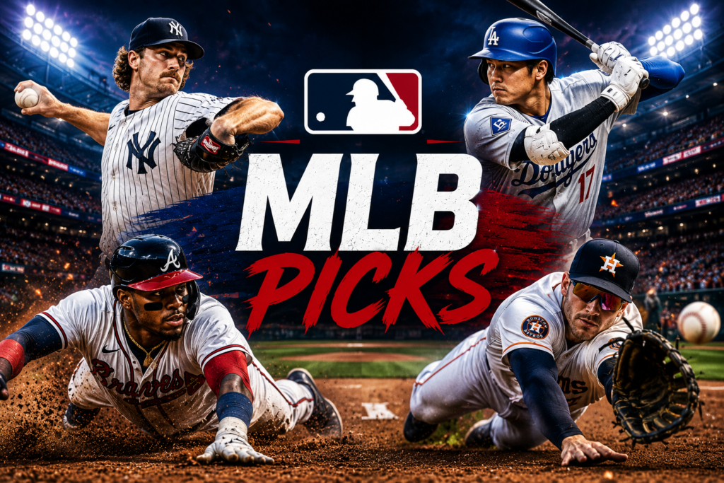 MLB Picks homepage card featuring baseball players in action inside a stadium representing Major League Baseball betting picks.