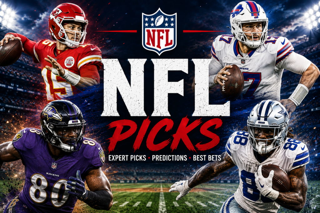 NFL Picks homepage card featuring professional football players in action inside a stadium representing National Football League betting picks.