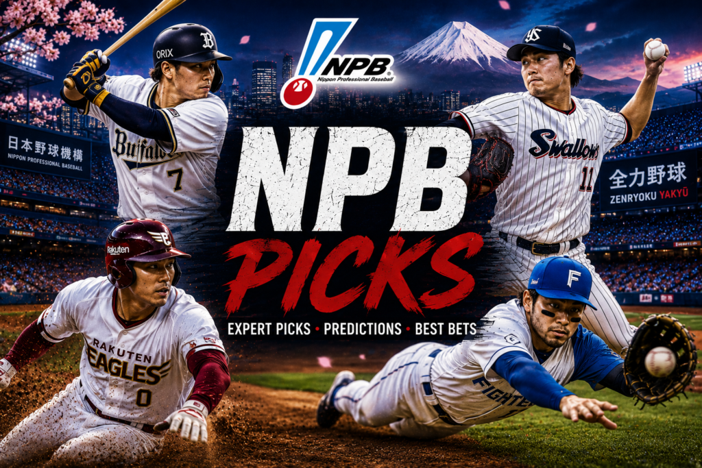PB Picks homepage card featuring Japanese professional baseball players with Mount Fuji and a baseball stadium representing Nippon Professional Baseball betting picks.