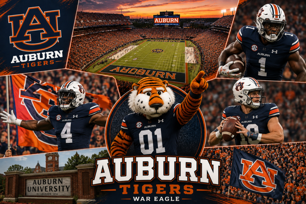 Auburn Tigers football collage featuring Jordan-Hare Stadium, Aubie the Tiger, Auburn players, and orange and navy fans.