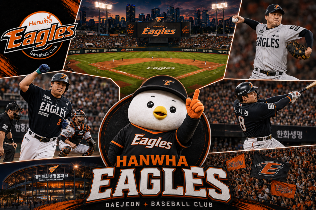 Hanwha Eagles baseball collage featuring Daejeon Hanwha Life Ballpark, team players, mascot, fans, and orange-and-black Eagles branding.