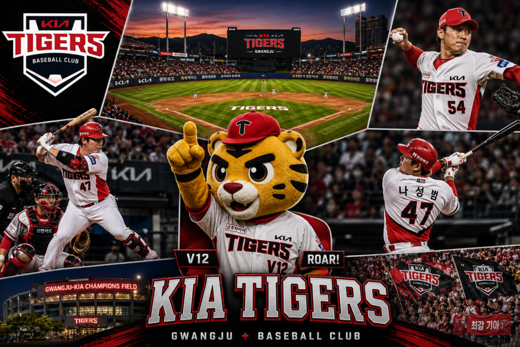 KIA Tigers team collage featuring the mascot, players, fans, and Gwangju-KIA Champions Field in Gwangju, South Korea.
