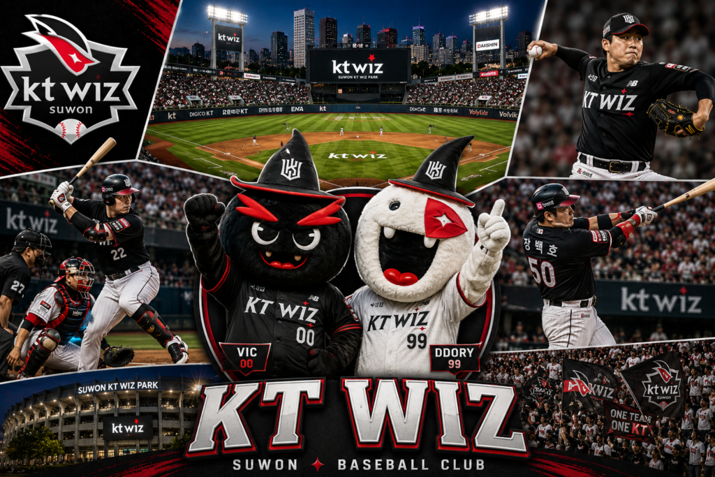 KT Wiz baseball graphic featuring Suwon KT Wiz Park, Vic and Ddory mascots, and baseball action