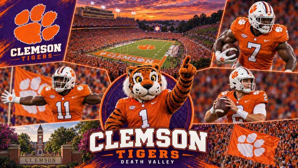 Clemson Tiger mascot and football players pictured with Memorial Stadium in Death Valley