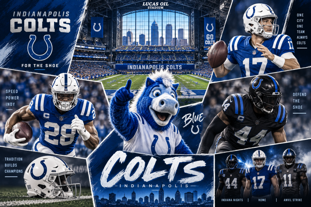 Indianapolis Colts NFL picks and predictions featuring Lucas Oil Stadium, Colts players and Blue the mascot
