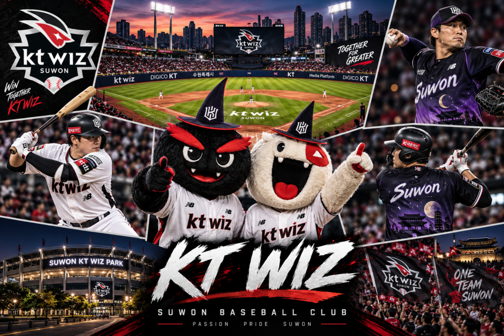 KT Wiz baseball collage featuring players, team mascots and Suwon KT Wiz Park in Suwon, South Korea