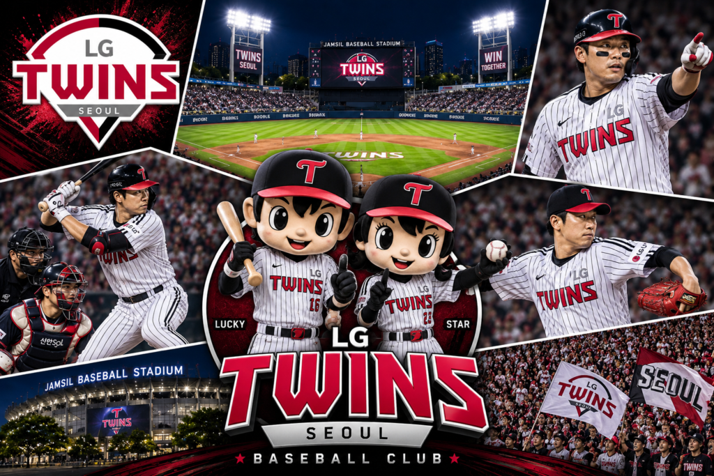 LG Twins KBO baseball collage featuring Lucky and Star, players, fans and Jamsil Baseball Stadium in Seoul