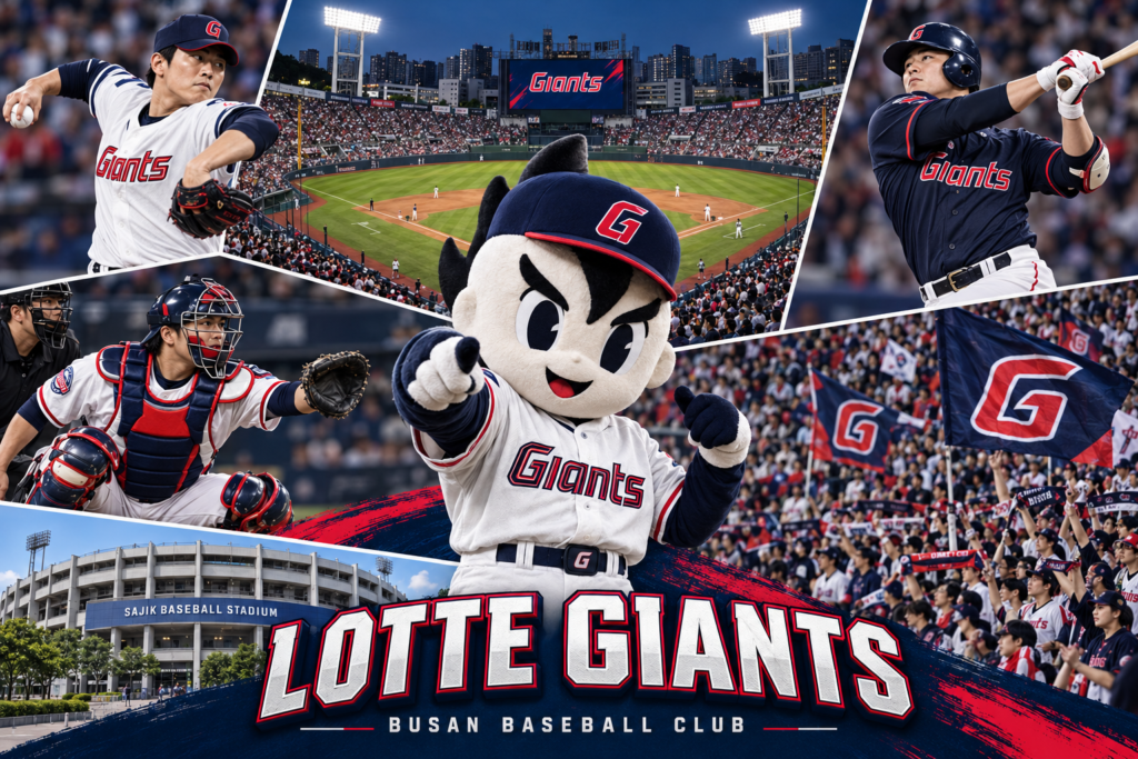 Lotte Giants players and Win-G mascot at Sajik Baseball Stadium in Busan