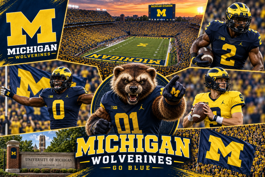 Michigan Wolverines college football picks and predictions featuring Michigan Stadium, football players, maize and blue colors, and a wolverine mascot.