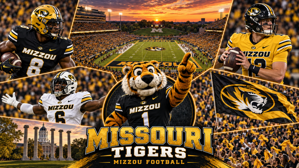 Missouri Tigers football collage featuring Faurot Field, Truman the Tiger and black, white and gold uniforms