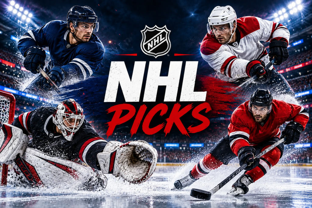 NHL Picks graphic featuring four hockey players and a goalie on an indoor ice rink