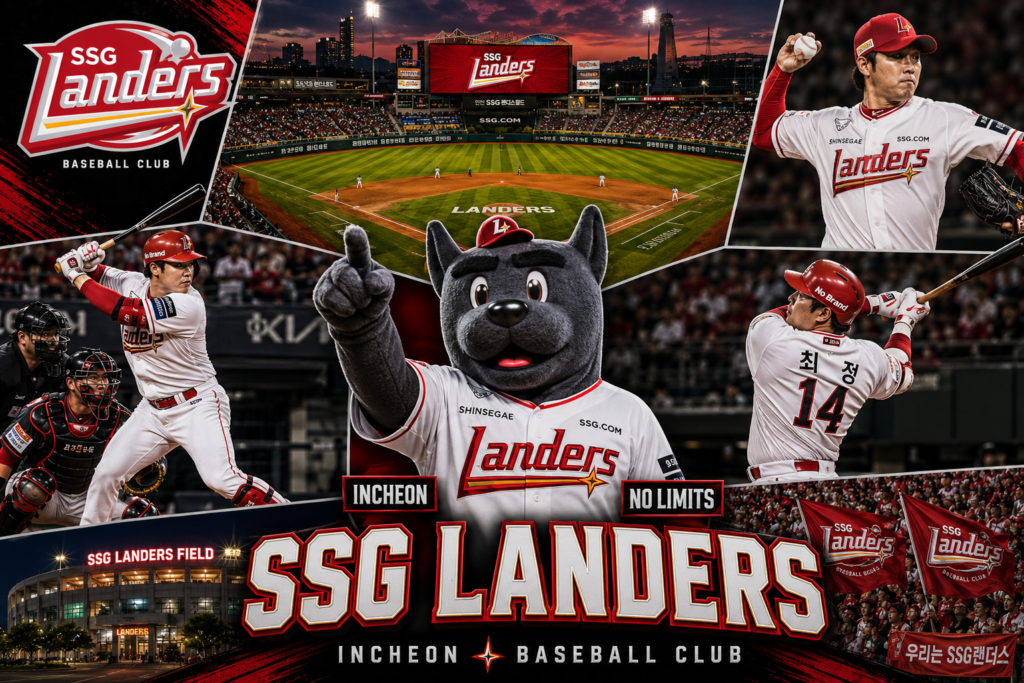 SSG Landers baseball team collage featuring Landers players, mascot and Incheon SSG Landers Field