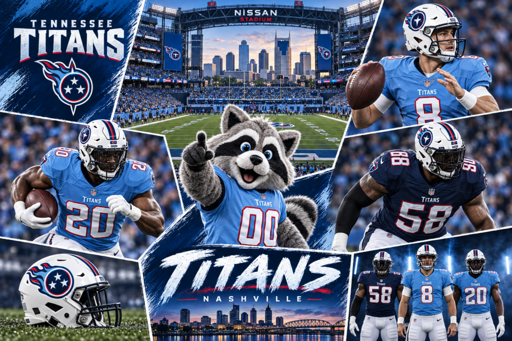 Tennessee Titans NFL picks collage featuring Nissan Stadium, T-Rac, and players in home and alternate uniforms.