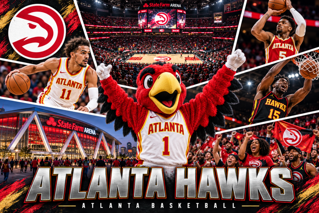 Atlanta Hawks collage featuring Harry the Hawk, State Farm Arena, players in white, red and black uniforms, and cheering fans.