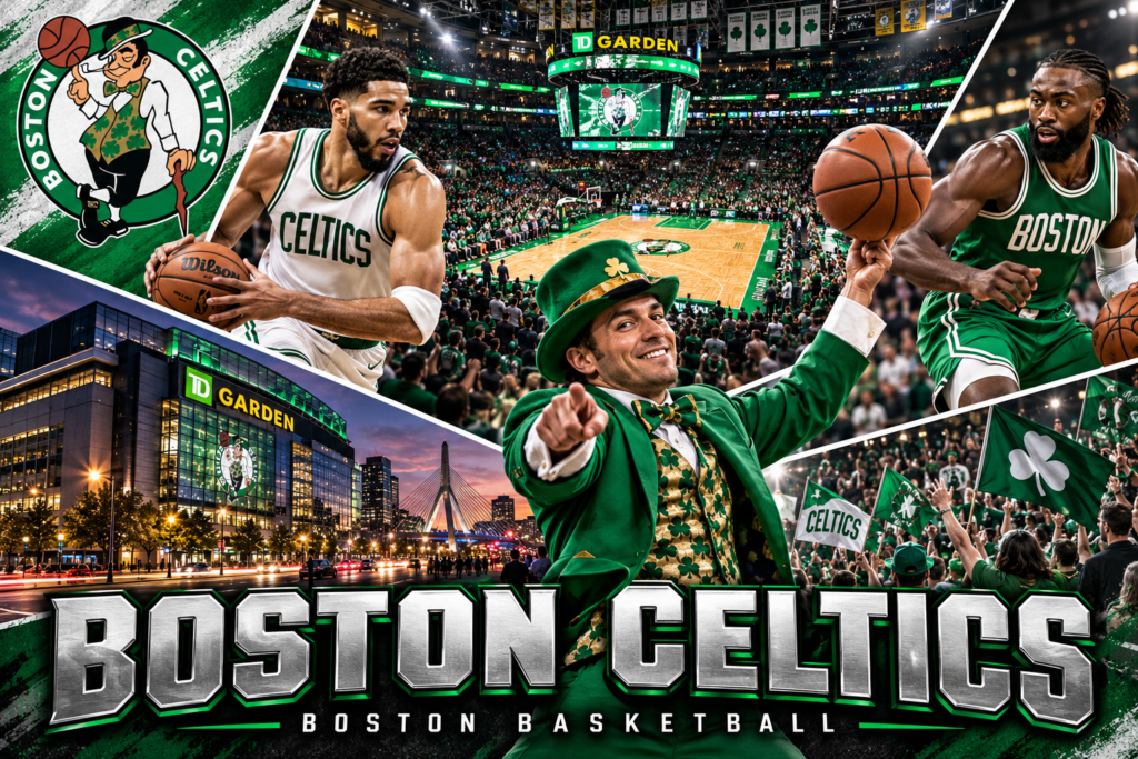 Boston Celtics collage featuring Lucky the Leprechaun, players in white and green uniforms, TD Garden and cheering fans.