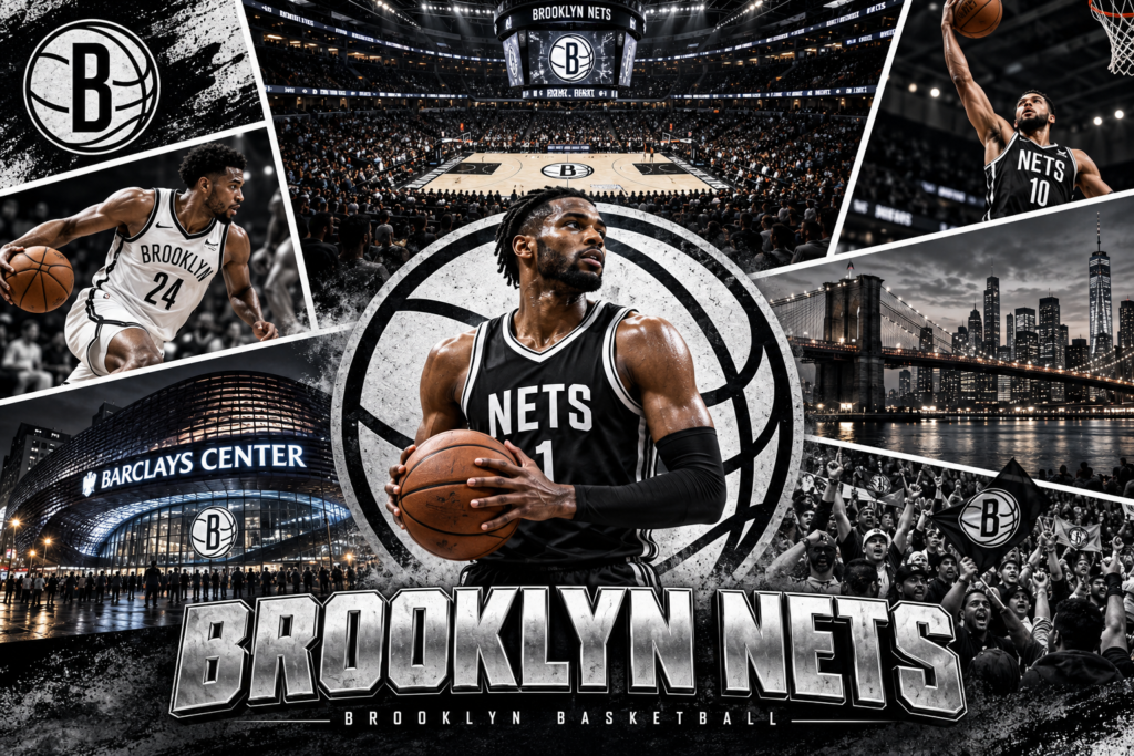 Brooklyn Nets collage featuring basketball players, Barclays Center, the Brooklyn Bridge and cheering fans.