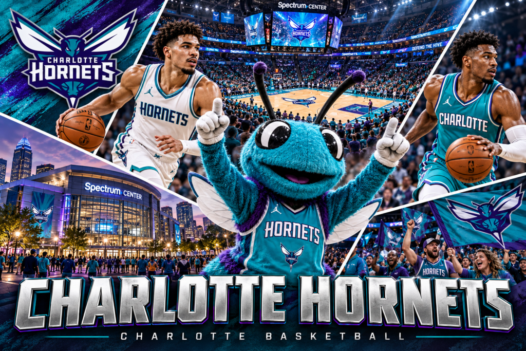 Charlotte Hornets collage featuring Hugo, players in white and teal uniforms, Spectrum Center and fans.