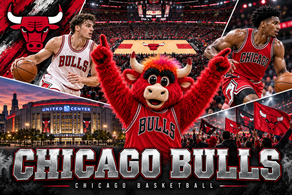 Chicago Bulls collage featuring Benny the Bull, players in white and red uniforms, United Center and fans waving Bulls flags.