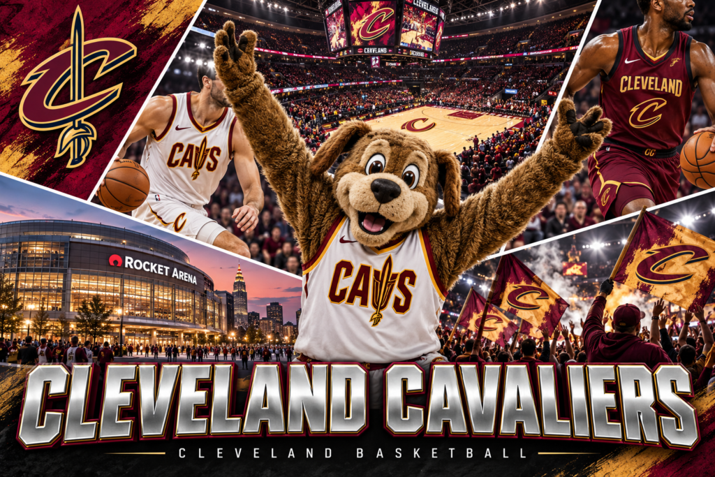 Cleveland Cavaliers collage featuring Moondog, players in white and wine uniforms, Rocket Arena and cheering fans.