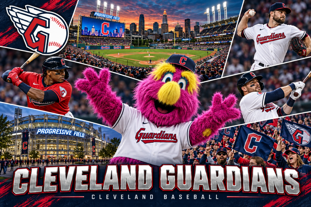 Cleveland Guardians collage featuring Slider, Progressive Field, players in white home and red alternate uniforms, and cheering fans.
