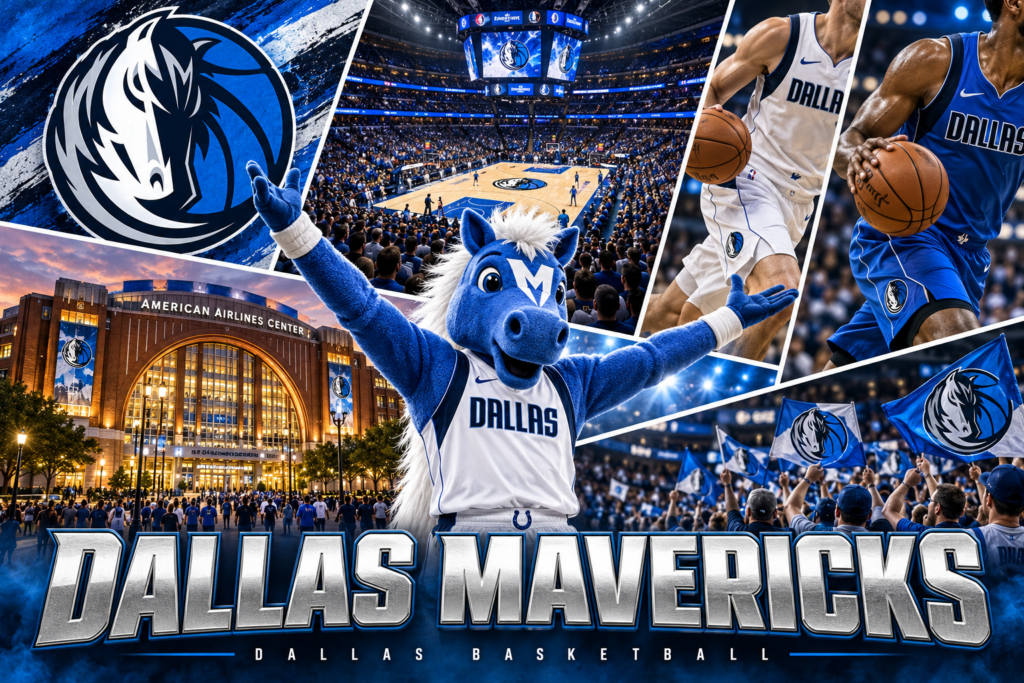 Dallas Mavericks collage featuring Champ, players in white and blue uniforms, American Airlines Center and fans.