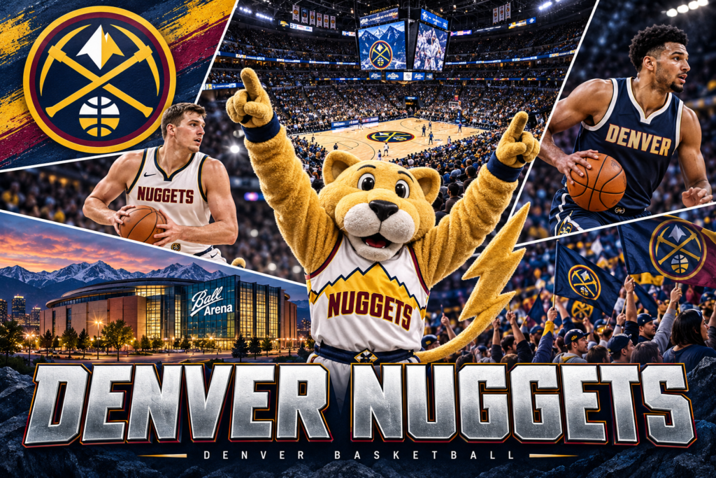 Denver Nuggets collage featuring Rocky, players in white and navy uniforms, Ball Arena, mountain scenery and fans.