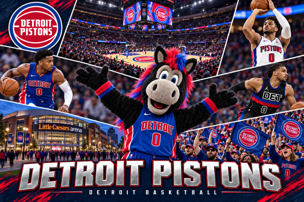Detroit Pistons collage featuring Hooper, basketball action, Little Caesars Arena, and fans in team colors.