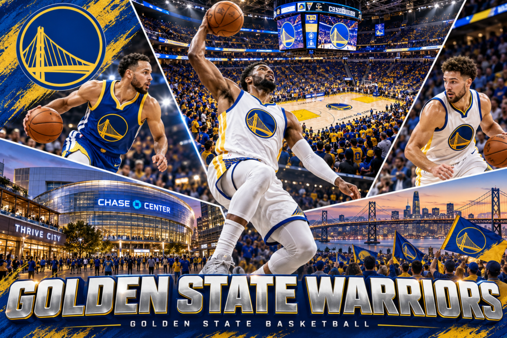 Golden State Warriors collage featuring basketball players in white and blue uniforms, Chase Center, Bay Bridge imagery and fans.
