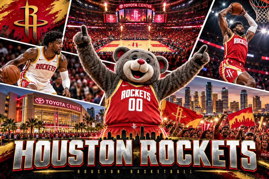 Houston Rockets collage featuring Clutch the Bear, basketball players, Toyota Center, fans and the Houston skyline.