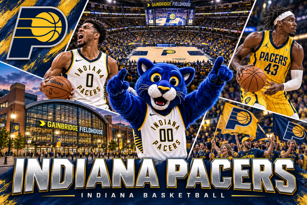 Indiana Pacers collage featuring Boomer, players in white and gold pinstriped uniforms, Gainbridge Fieldhouse and fans.