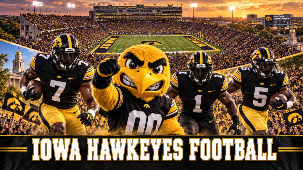 Iowa Hawkeyes football collage with Herky the Hawk, players in traditional and all-black uniforms, and Kinnick Stadium at sunset.