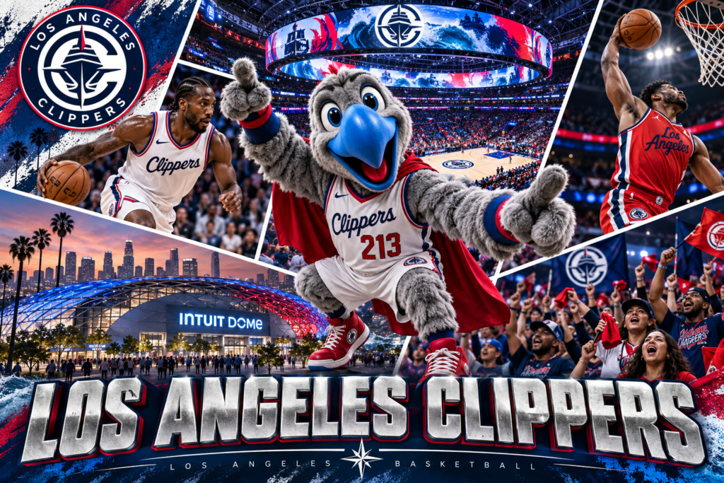 Los Angeles Clippers collage featuring Chuck the Condor, basketball players, Intuit Dome and cheering fans.