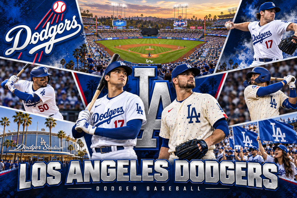 Los Angeles Dodgers collage featuring Dodger Stadium, players in white home and cream City Connect uniforms, team logos and fans.