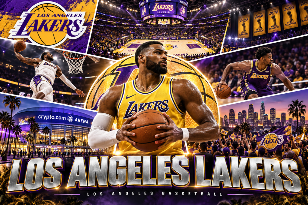 Los Angeles Lakers collage featuring basketball players, Crypto.com Arena, championship banners and the Los Angeles skyline.