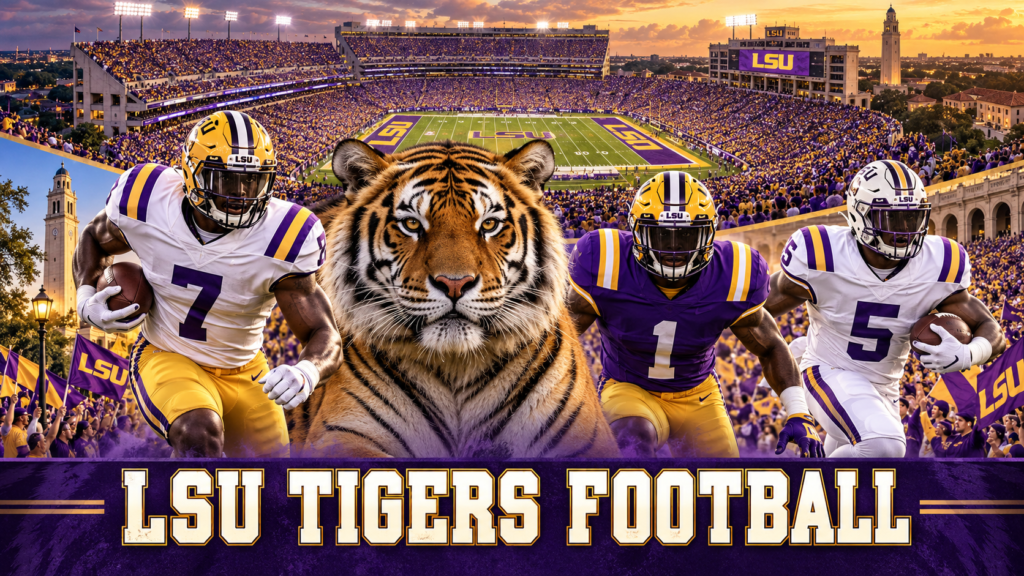 LSU Tigers football collage featuring Tiger Stadium, Mike the Tiger and traditional and alternate uniforms
