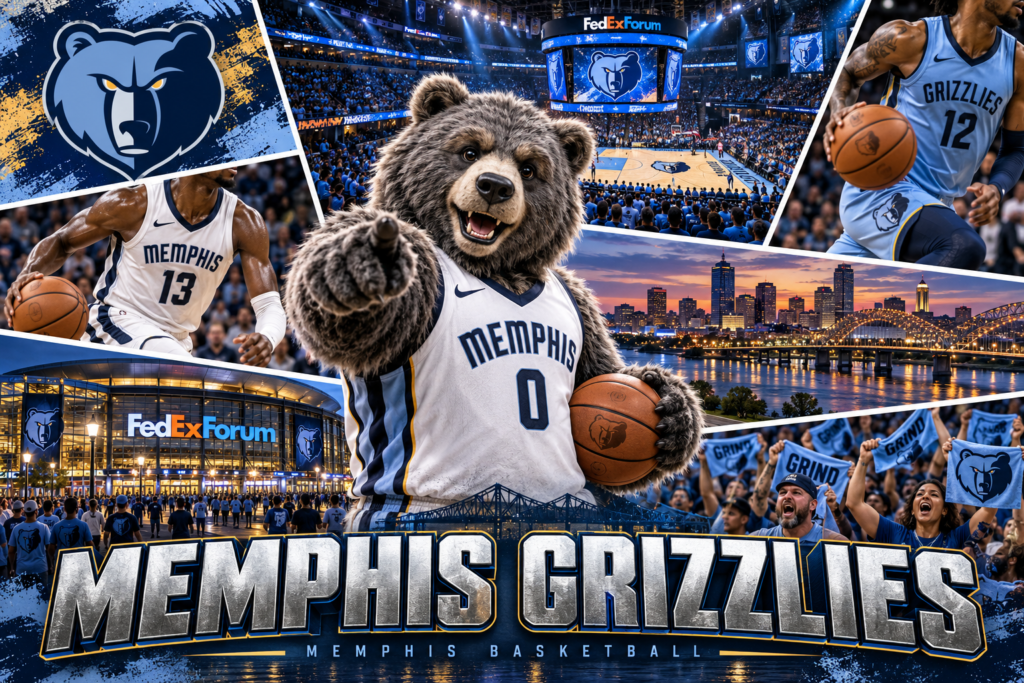 Memphis Grizzlies collage featuring a bear mascot, basketball players, FedExForum, fans and a riverfront skyline.