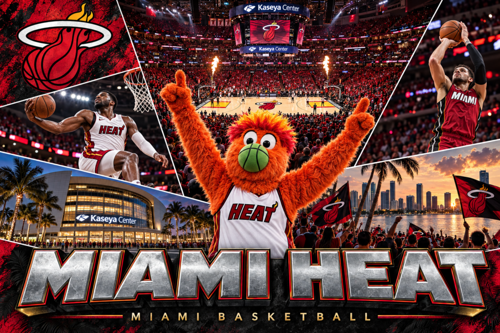 Miami Heat collage featuring Burnie, basketball players, Kaseya Center, cheering fans and the Miami waterfront.