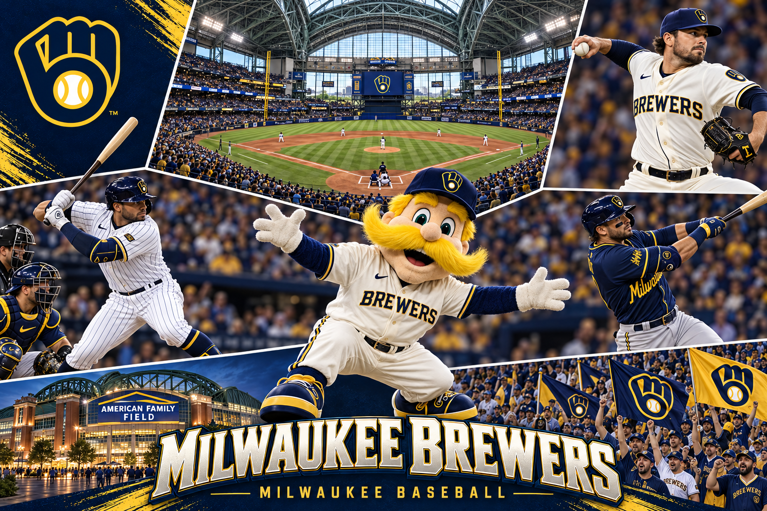 Milwaukee Brewers collage featuring Bernie Brewer, American Family Field, and players in cream, pinstriped, and navy uniforms.