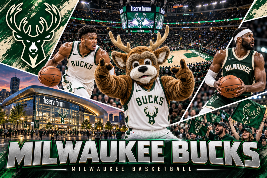 Milwaukee Bucks collage featuring Bango, basketball players in white and green uniforms, Fiserv Forum and fans.