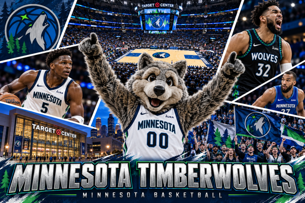 Minnesota Timberwolves collage featuring Crunch the mascot, Target Center, basketball players in white and alternate uniforms, and cheering fans.