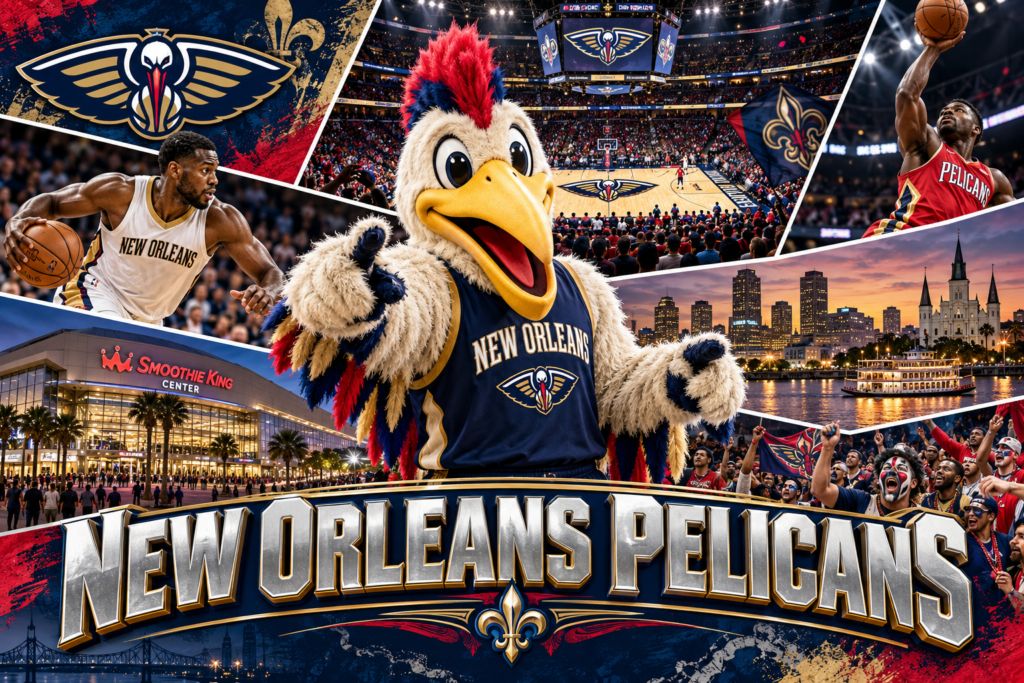New Orleans Pelicans collage featuring Pierre the Pelican, basketball players, Smoothie King Center and a riverfront scene.