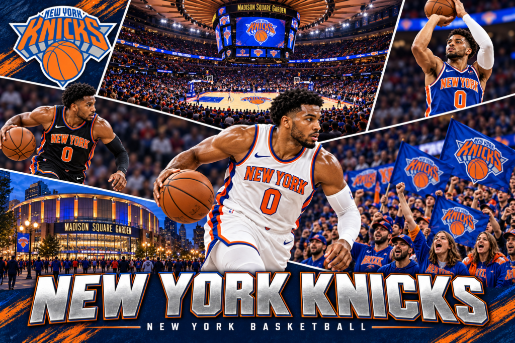 New York Knicks collage featuring basketball players in white, blue and black uniforms, Madison Square Garden, and cheering fans.