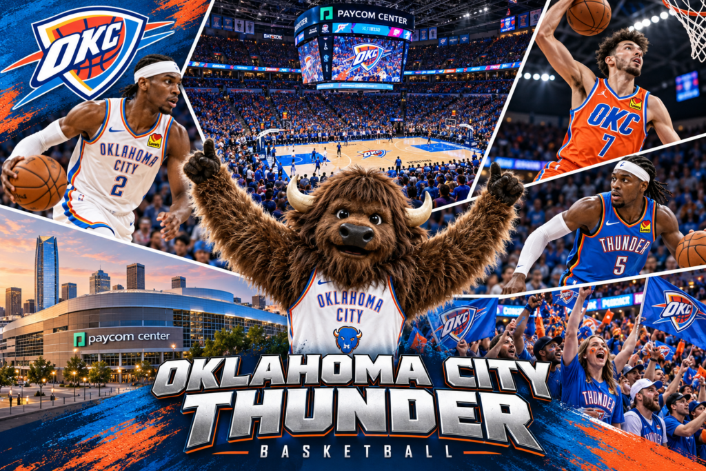 Oklahoma City Thunder collage featuring Rumble the Bison, arena views, basketball players in white, orange and blue uniforms, and cheering fans.