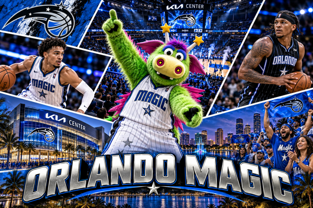 Orlando Magic collage featuring STUFF the Magic Dragon, basketball players, Kia Center, fans and the Orlando skyline.