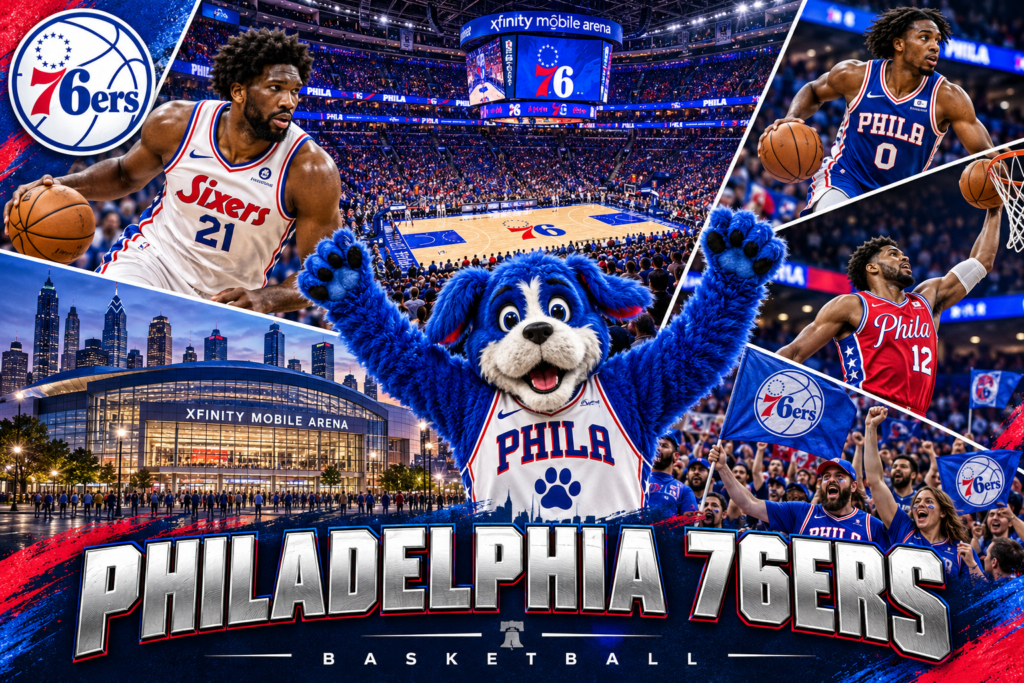 Philadelphia 76ers collage featuring Franklin the Dog, arena views, basketball players in white, blue and red uniforms, and cheering fans.
