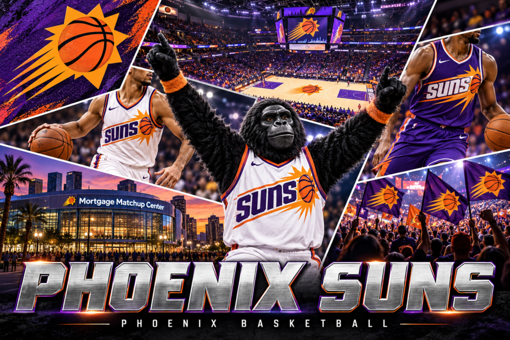 Phoenix Suns collage featuring The Gorilla, players in white and purple uniforms, Mortgage Matchup Center and fans.