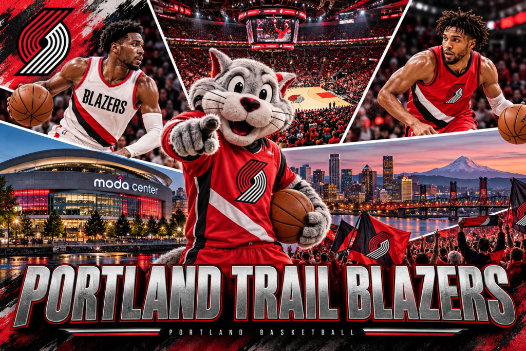 Portland Trail Blazers collage featuring a cat mascot, basketball players, Moda Center, city bridges and Mount Hood.