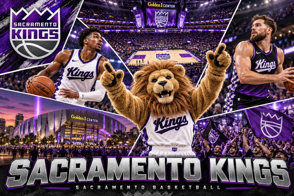 Sacramento Kings collage featuring Slamson, players in white and purple-black uniforms, Golden 1 Center and the purple beam.